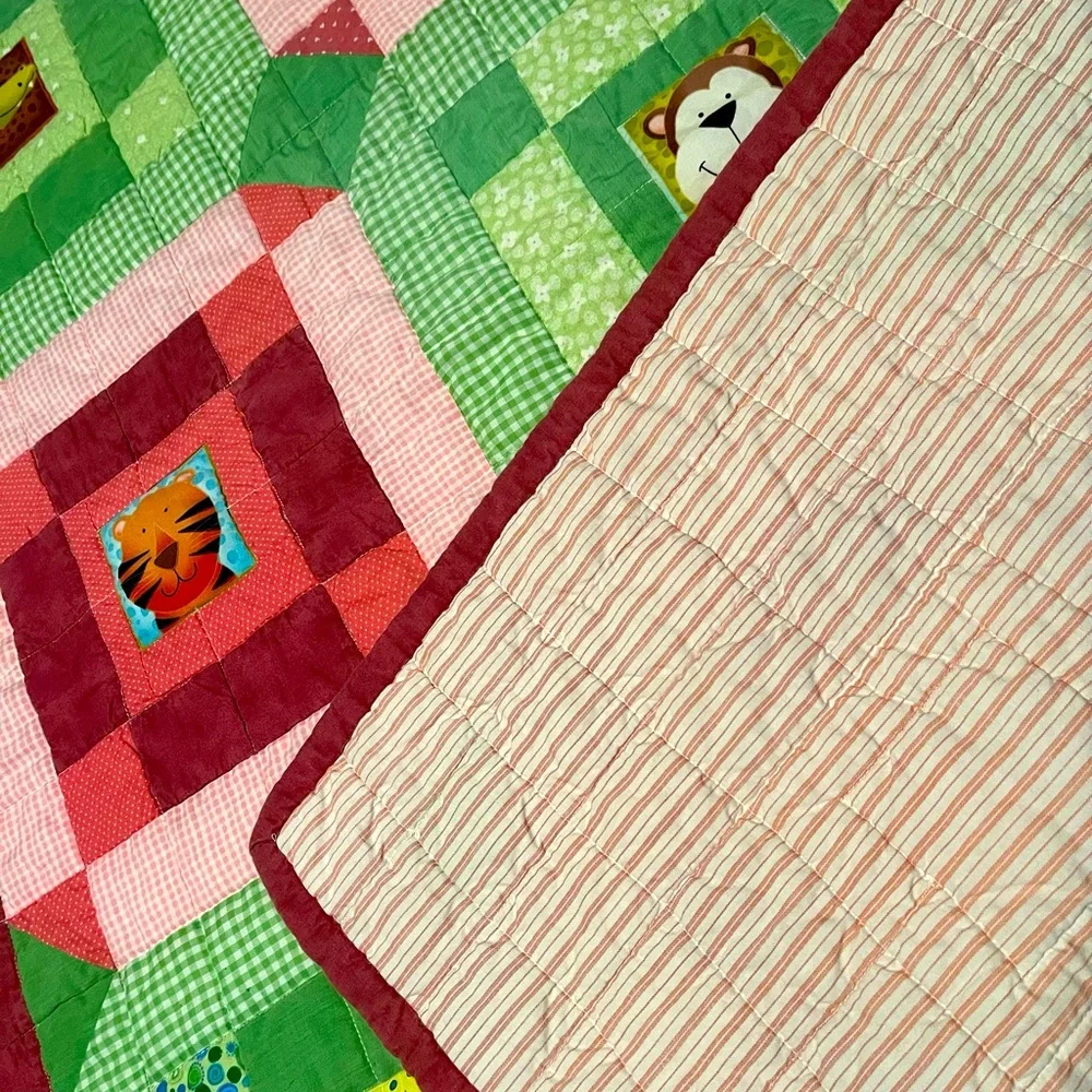 Baby/Child Handmade Quilt Pink Green Alligator Zebra Hippo Tiger Monkey